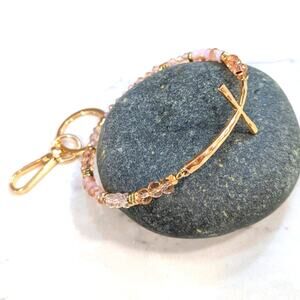 GOLD TONE CROSS Pink Glass Bead Bracelet Style Hoop Key Chain with Closed Hook